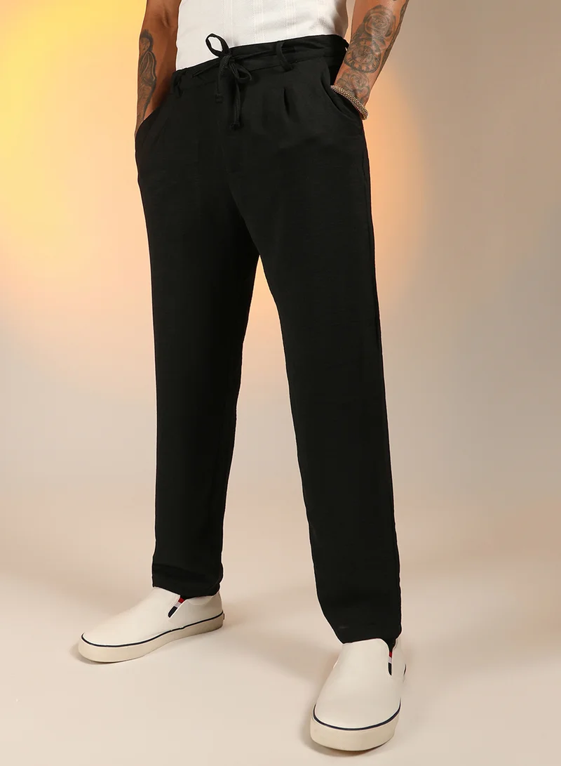 Men's Obsidian Black Solid Pleated Trousers For Casual Wear | Mid-Rise | Regular Fit | Drawstring Closure | Trousers Crafted With Comfort Fit For Everyday Wear